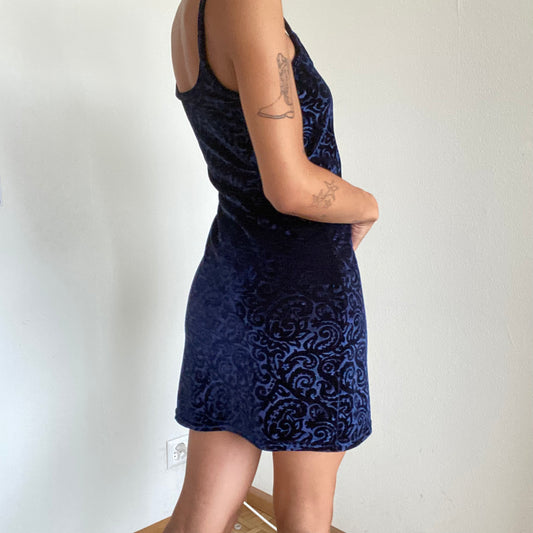 Vintage 90's Whimsigoth Dark Blue Velour Paisley Dress (S/M)