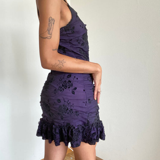 Vintage 90's Whimsigoth Dark Purple Mini Dress with Black Roses (S)