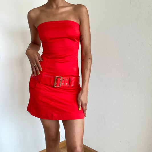 Vintage 90's Rockstar Red Tube Dress With Belt (XS)