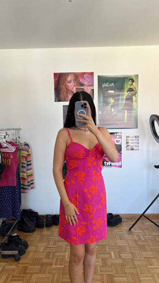 Vintage 90’s Summer Hot Pink and Orange Hibiscus Mini Dress (S)