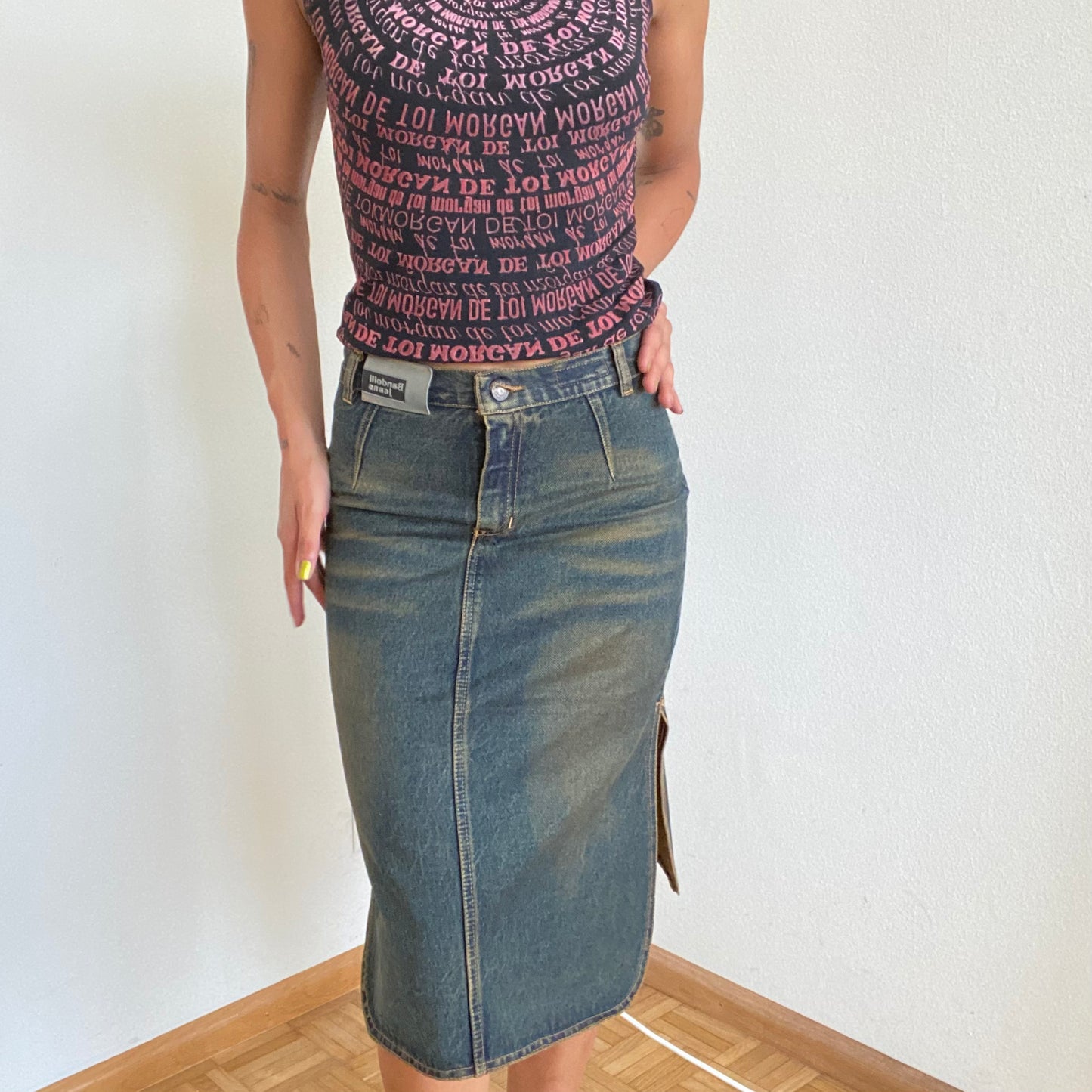 Vintage 90's Bella Hadid Style Denim Washed Midi Skirt (S)