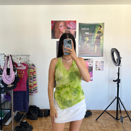 Vintage 90’s Fairy Bella Hadid Green Asymmetric Halter Neck Top (M)