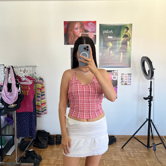 Vintage 90’s Country Pink Plaid Seersucker Halter Neck Top (M)