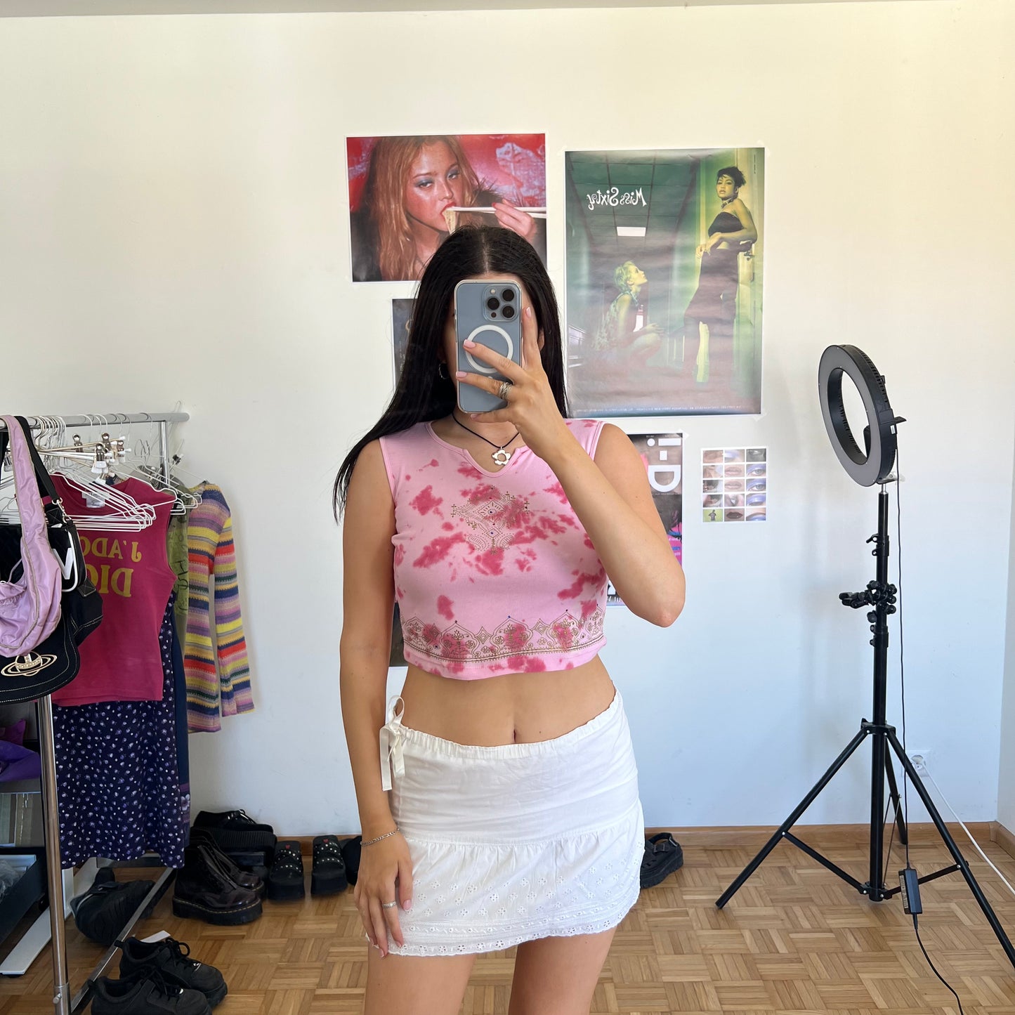 Vintage 90’s Indie Hippie Pink Tie Dye Ultra Cropped Tank Top (XXS/XS)