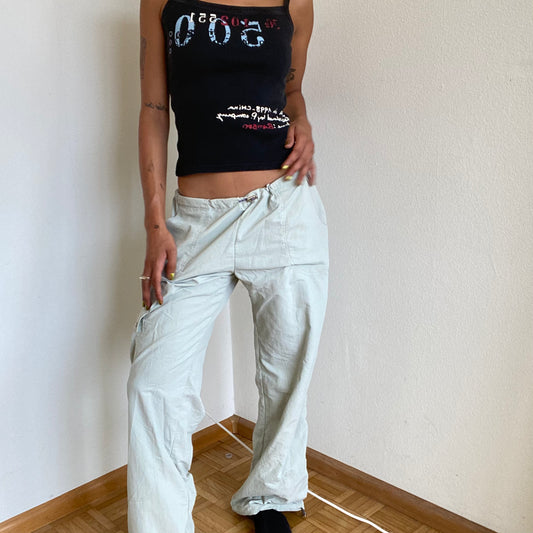 Vintage 90's Style Techwear Beige Cargo Pants with Toggle Detail (S/M)