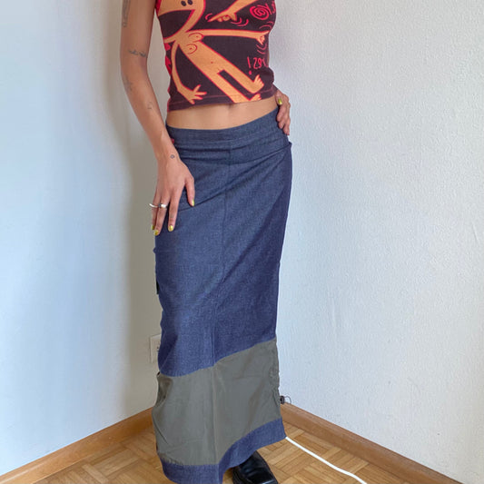 Vintage 90's Techwear Denim Cargo Maxi Skirt with Khaki Details (XS/S)