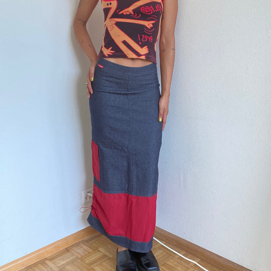 Vintage 90's Techwear Dark Wash Denim Cargo Maxi Skirt with Red Details (S)