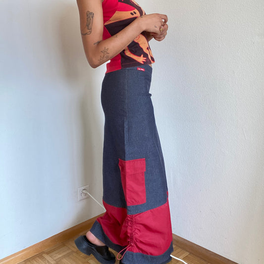 Vintage 90's Techwear Dark Wash Denim Cargo Maxi Skirt with Red Details (S)