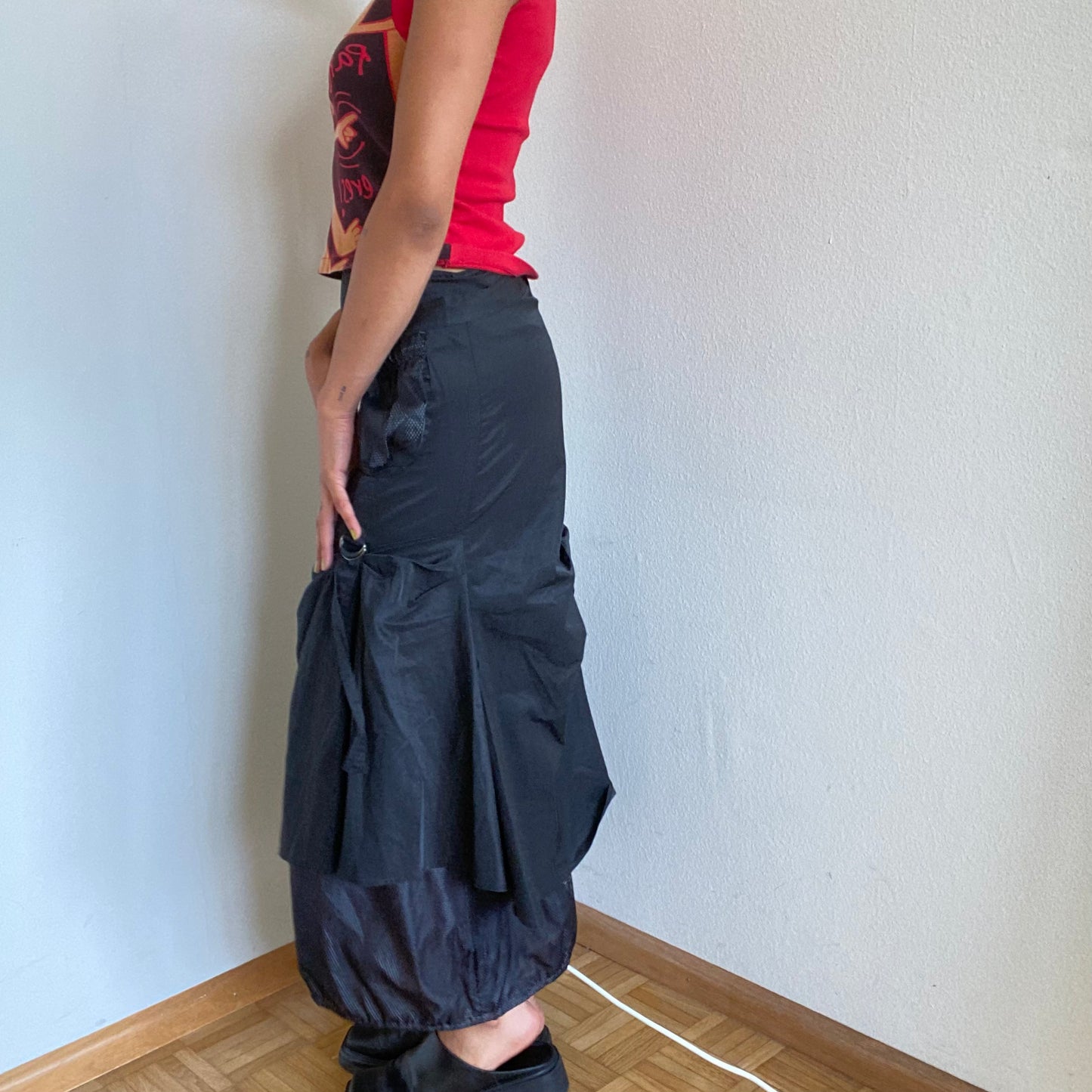 Vintage 90's Mall Goth Black Parachute Cargo Maxi Skirt (S)