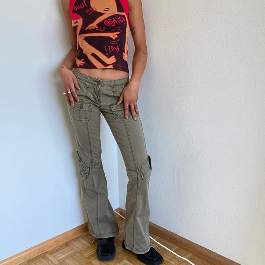 Vintage 90's Grunge Khaki Low Rise Flared Cargo Pants (XS)