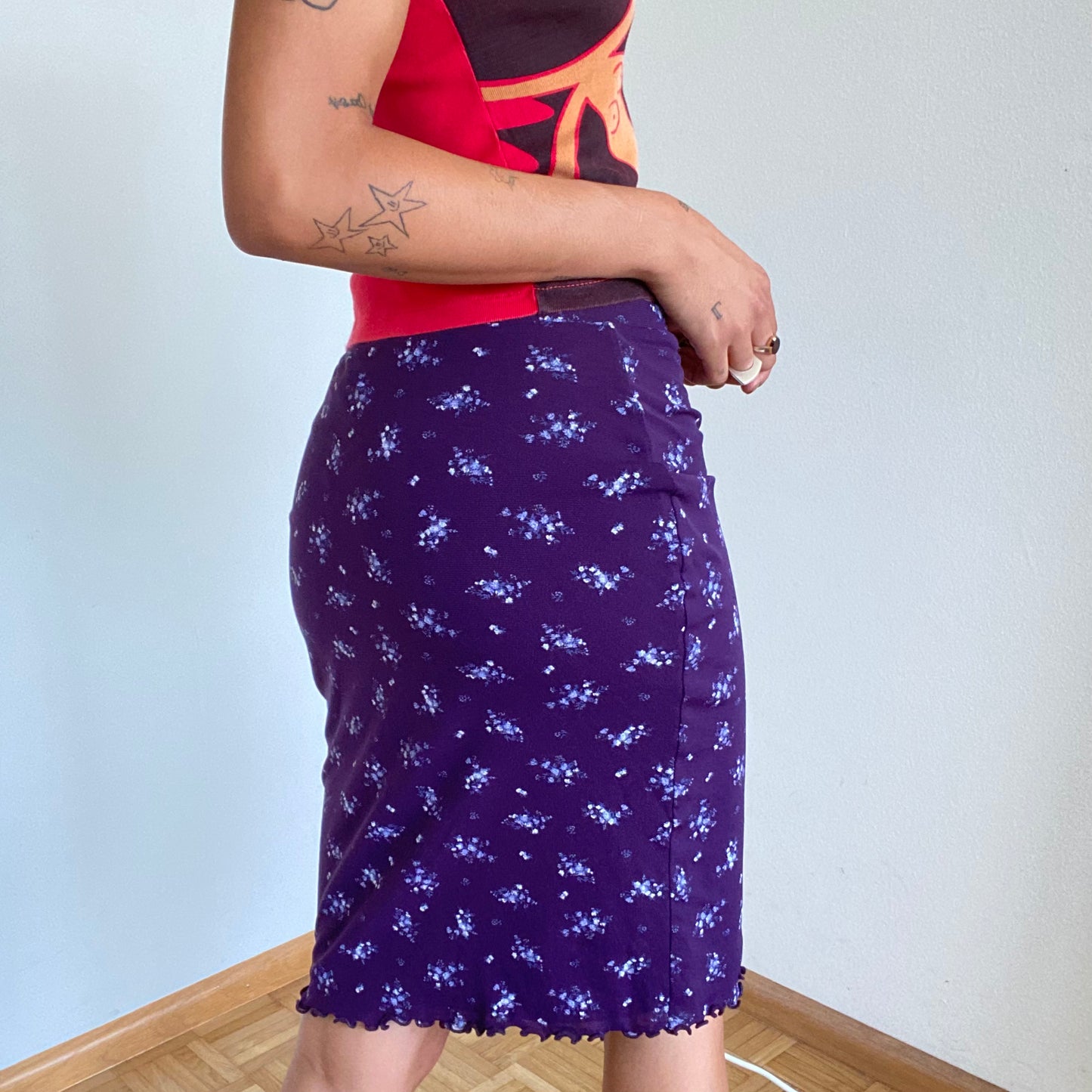 Vintage 90's Whimsigoth Purple Floral Midi Mesh Skirt (S)