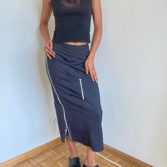 Vintage 90's Cyber Rave Black Maxi Skirt with White Side Zipper (XS)