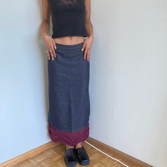 Vintage 90's Indie Dark Wash Denim Maxi Skirt with Bordeaux Ruffle Detail (S)