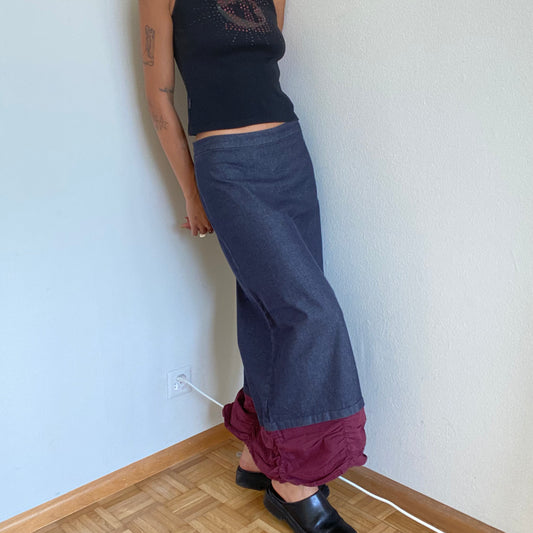 Vintage 90's Indie Dark Wash Denim Maxi Skirt with Bordeaux Ruffle Detail (S)