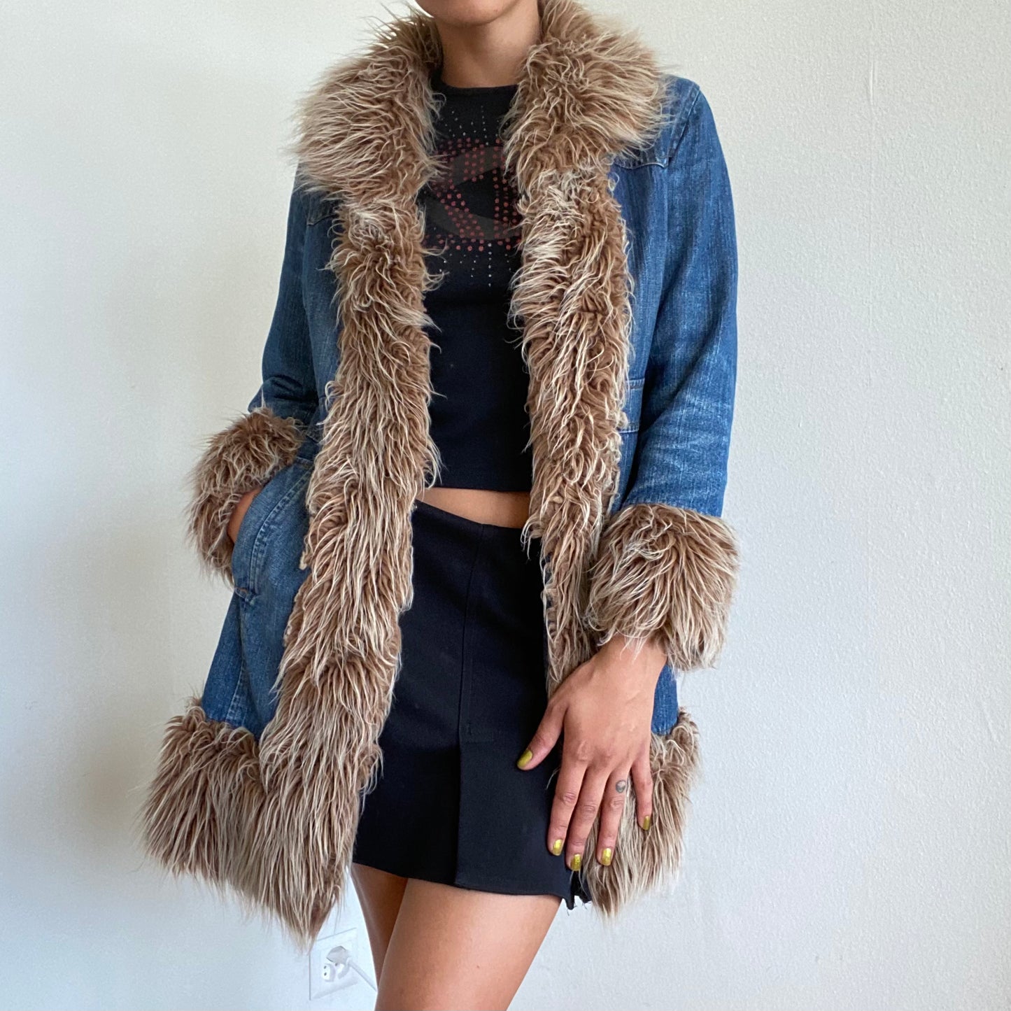 Vintage 90’s Funky Denim Afghan Coat with Furry Tan Trim (S/M - Vegan)