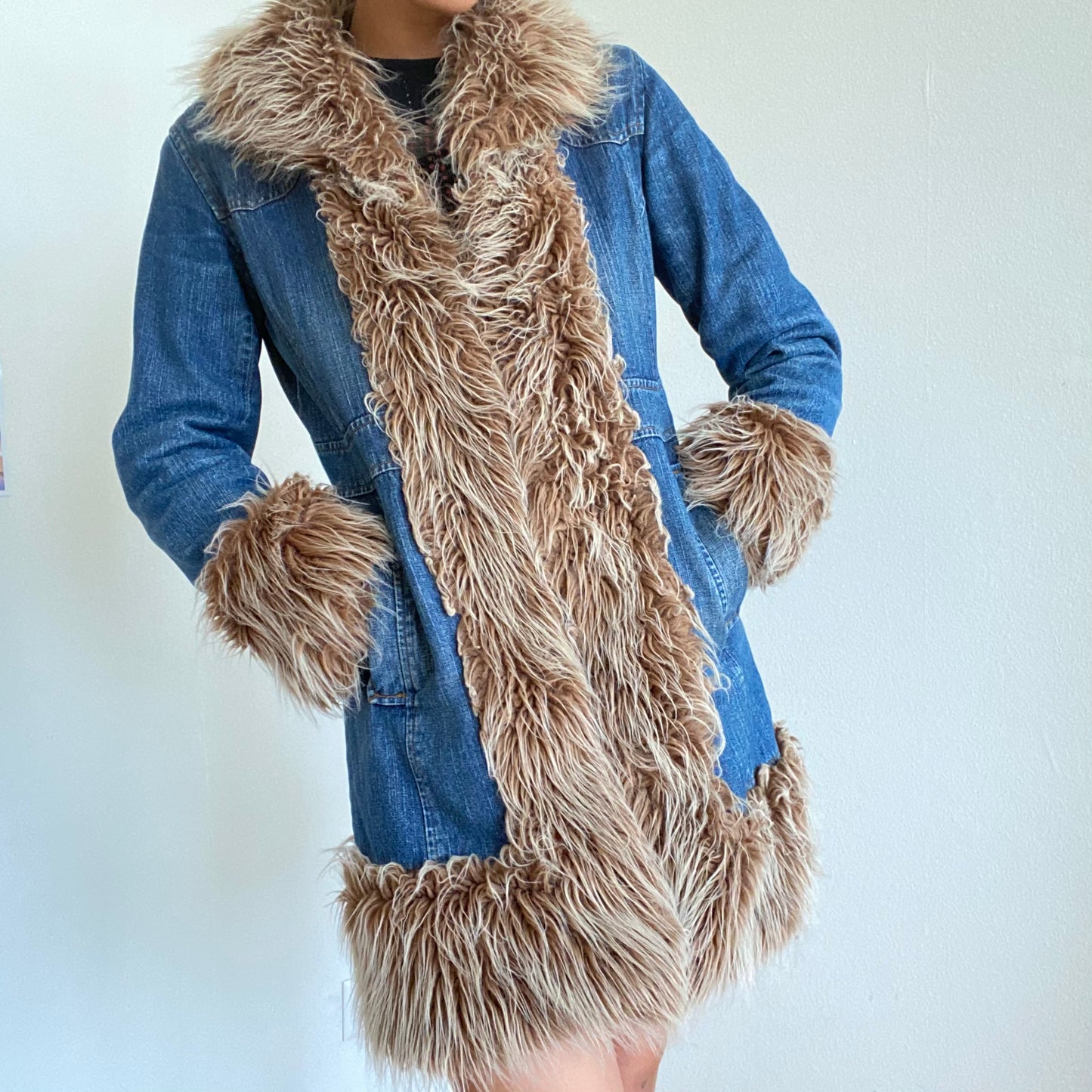 Vintage 90’s Funky Denim Afghan Coat with Furry Tan Trim (S/M - Vegan)