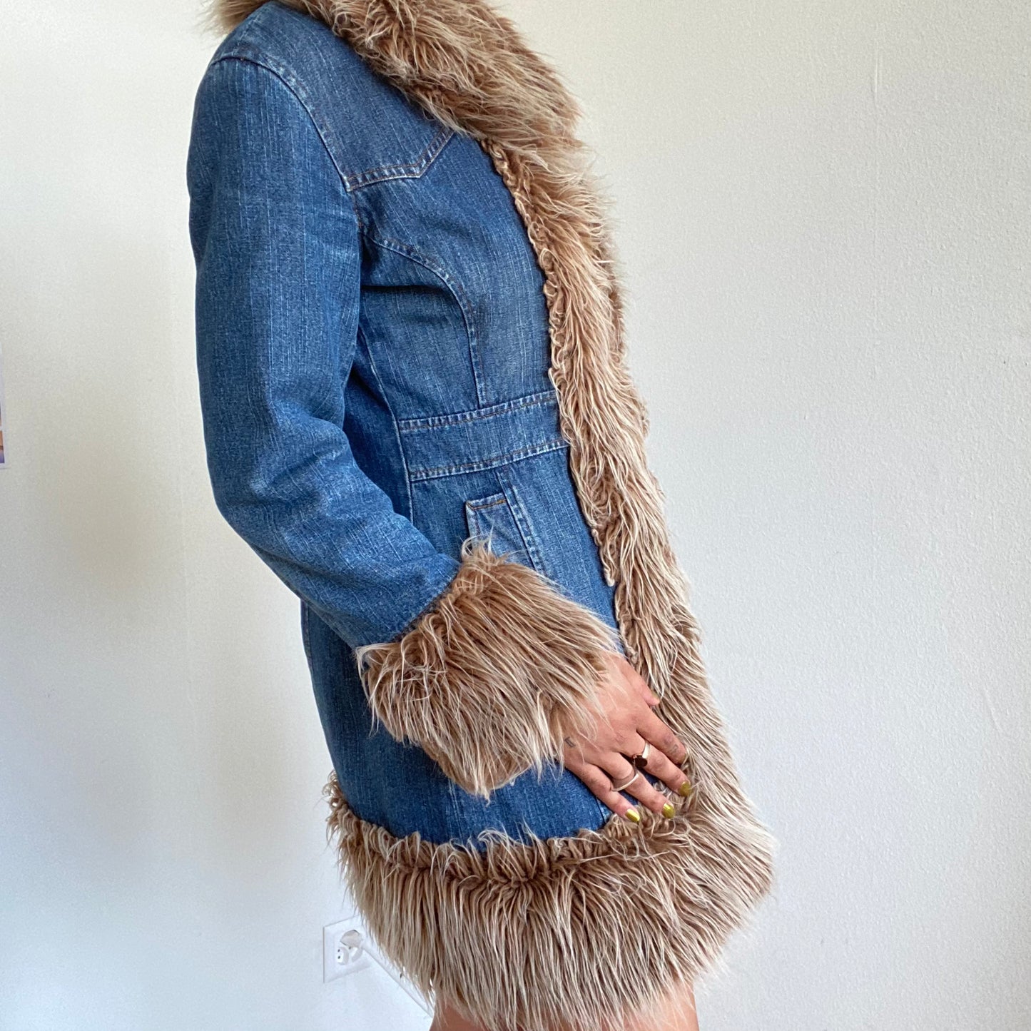 Vintage 90’s Funky Denim Afghan Coat with Furry Tan Trim (S/M - Vegan)