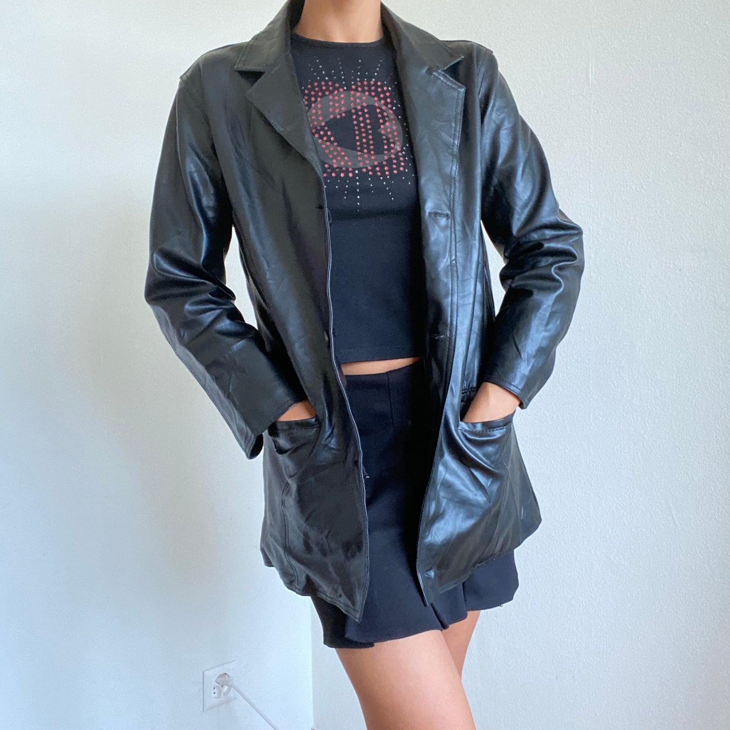 Vintage 90’s Model Off Duty Black Blazer Fit Leather Coat (S/M)