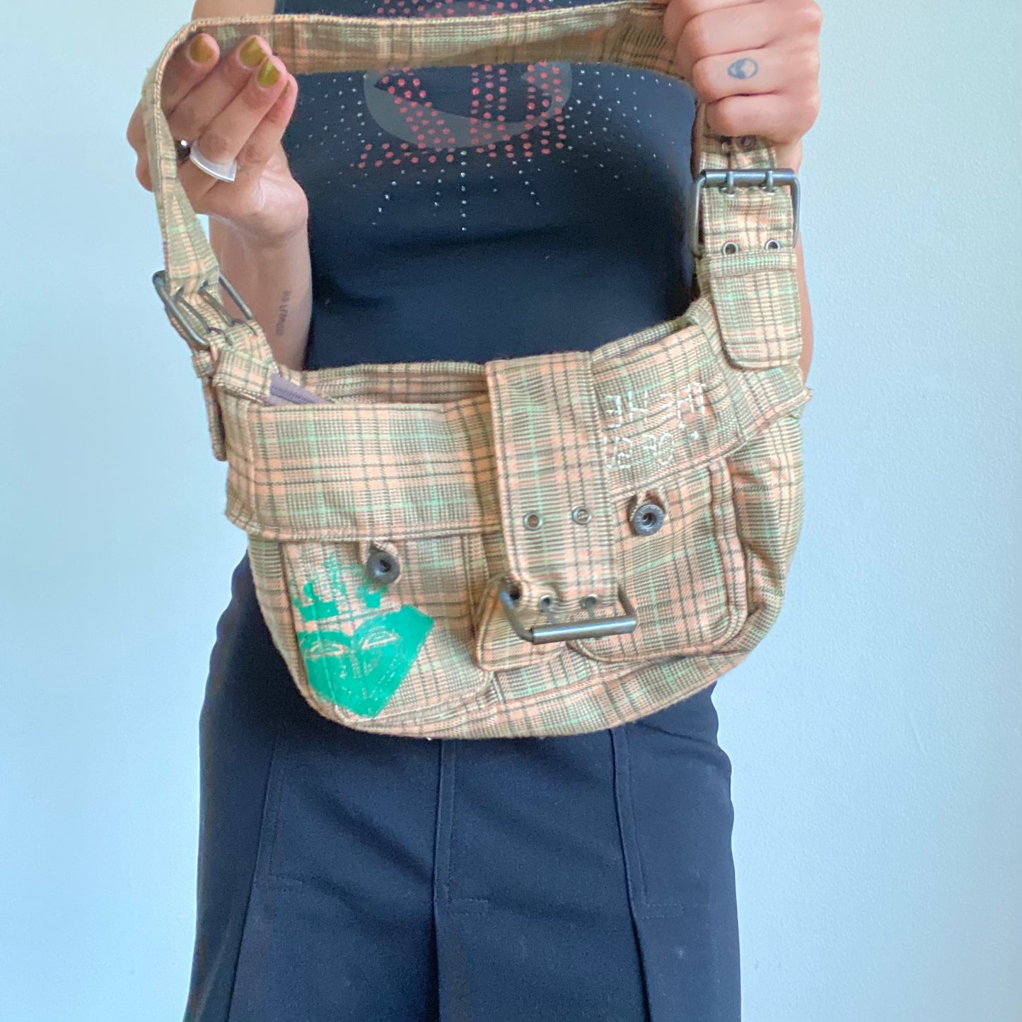 Vintage 90's Gilmore Girls Beige Plaid Shoulder Bag with Buckle Detail