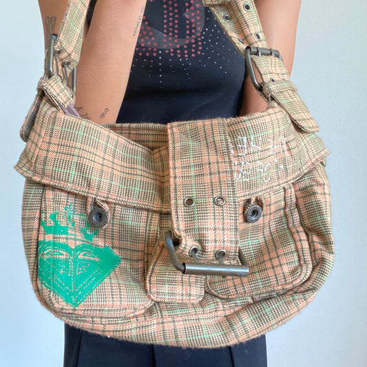 Vintage 90's Gilmore Girls Beige Plaid Shoulder Bag with Buckle Detail