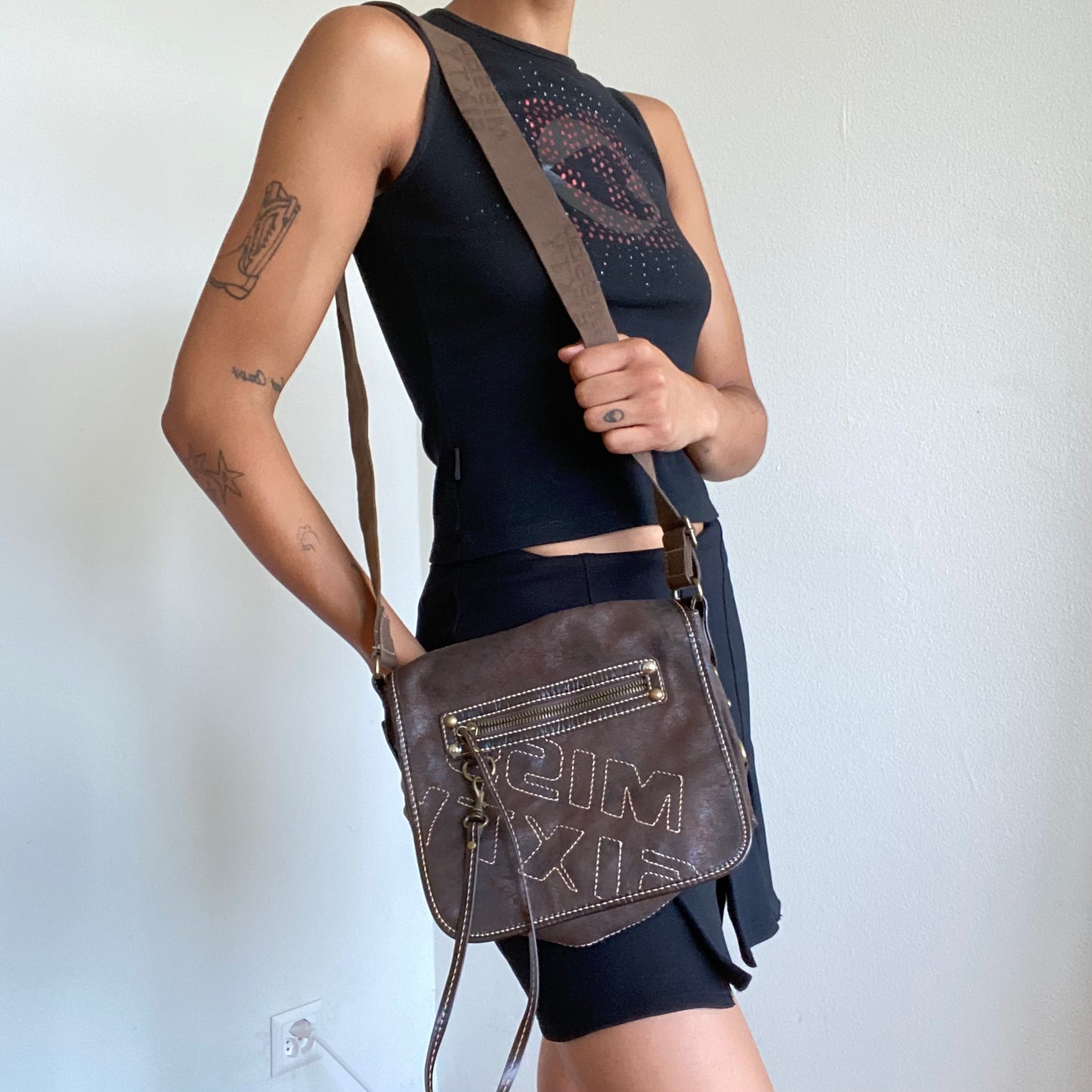 Vintage 90's Archive Miss Sixty Brown Leather Messenger Crossbody Bag