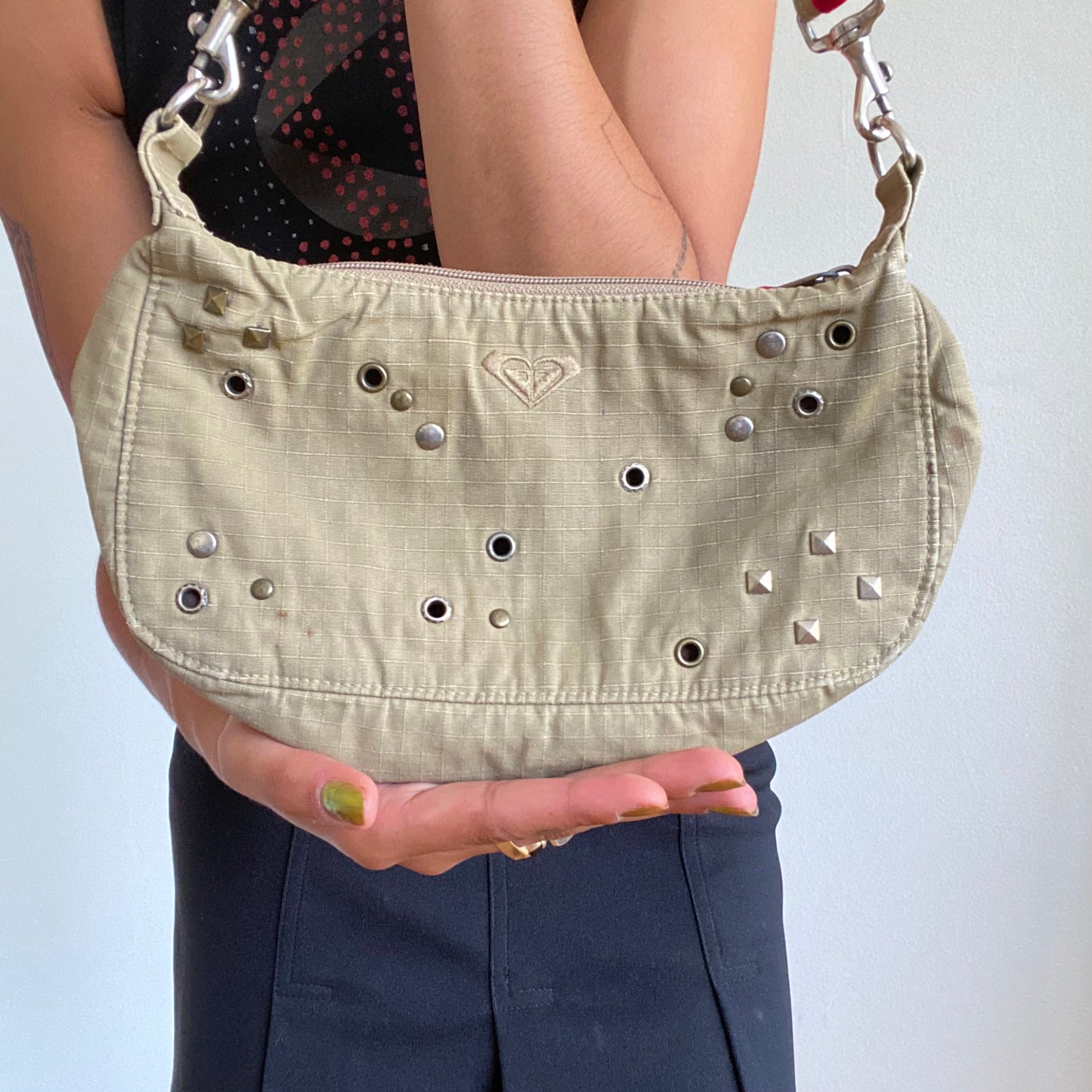 Vintage 90's Grunge Beige Shoulder Bag with Stud Detail