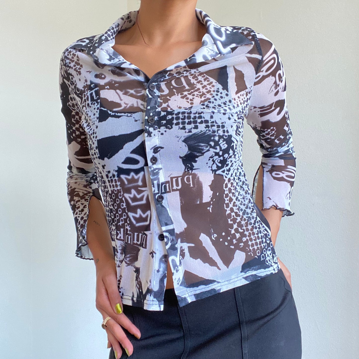 Vintage 90’s Punk Print Black and White Graphic Mesh Blouse (S/M)