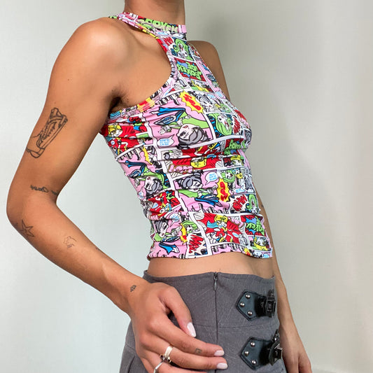 Vintage 90’s Funky High Neck Comic Print Top (S)