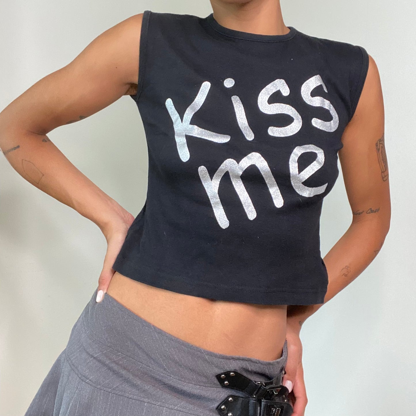 Vintage 90’s Skater Black Top with Silver 'Kiss Me' Print (S)