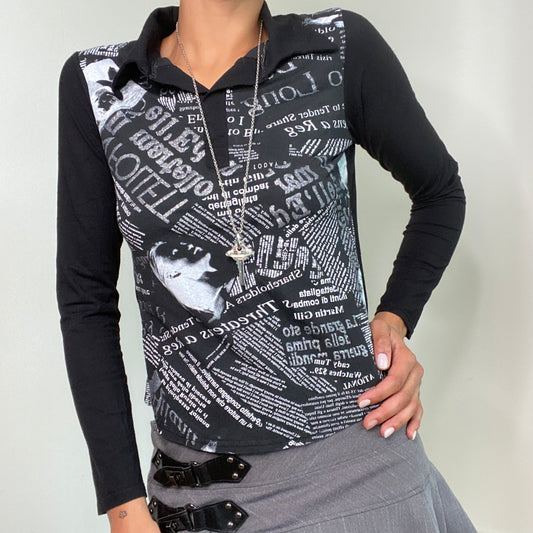 Vintage 90’s Grunge Black Longsleeve Top with Newspaper Print (S/M)