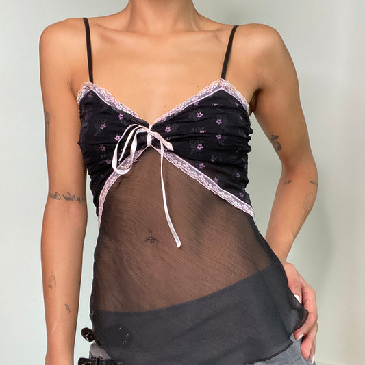 Vintage 90’s Goth Black Lace Cami Top with Pink Details (S/M)