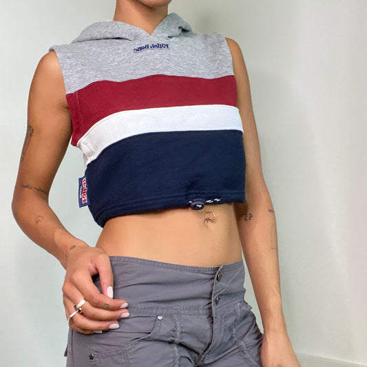 Vintage 90’s Killah Miss Sixty Grey Striped Cropped Sleeveless Hoodie with Toggle (S)