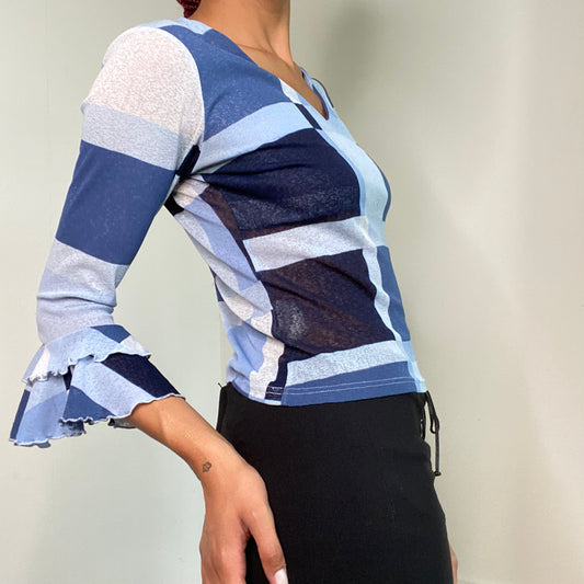 Vintage 90’s Funky Blue Mesh Top with Square Print (S)