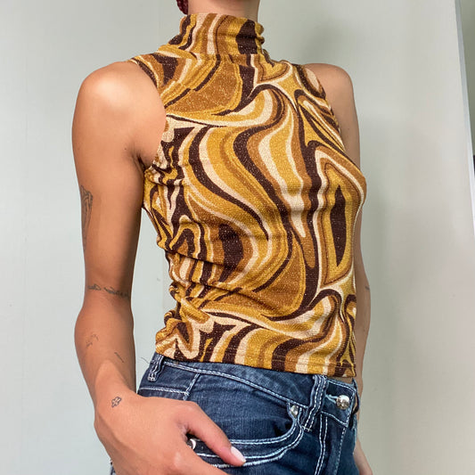 Vintage 90’s Clubwear Yellow and Brown Psychedelic Print Glitter Top (M)