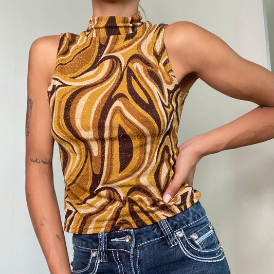 Vintage 90’s Clubwear Yellow and Brown Psychedelic Print Glitter Top (M)