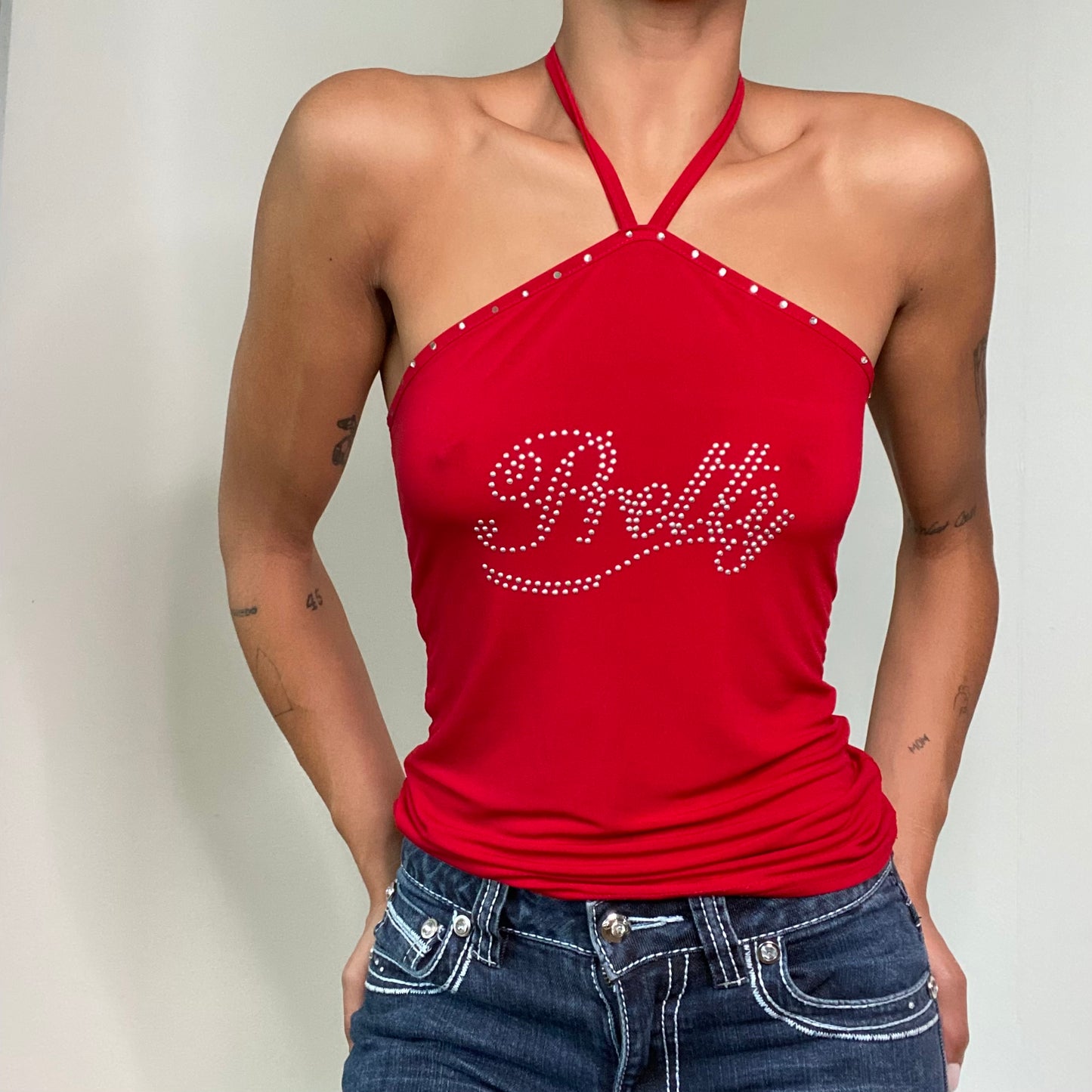 Vintage 90’s Clubwear Red Halter Neck Top with 'Pretty' Rhinestones (M)