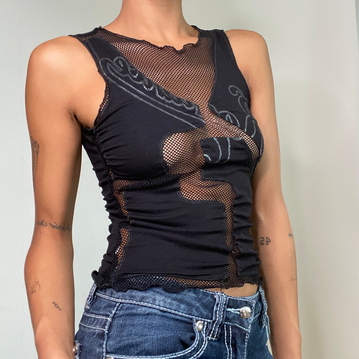 Vintage 90’s Grunge Black Fishnet Patchwork Top (S)