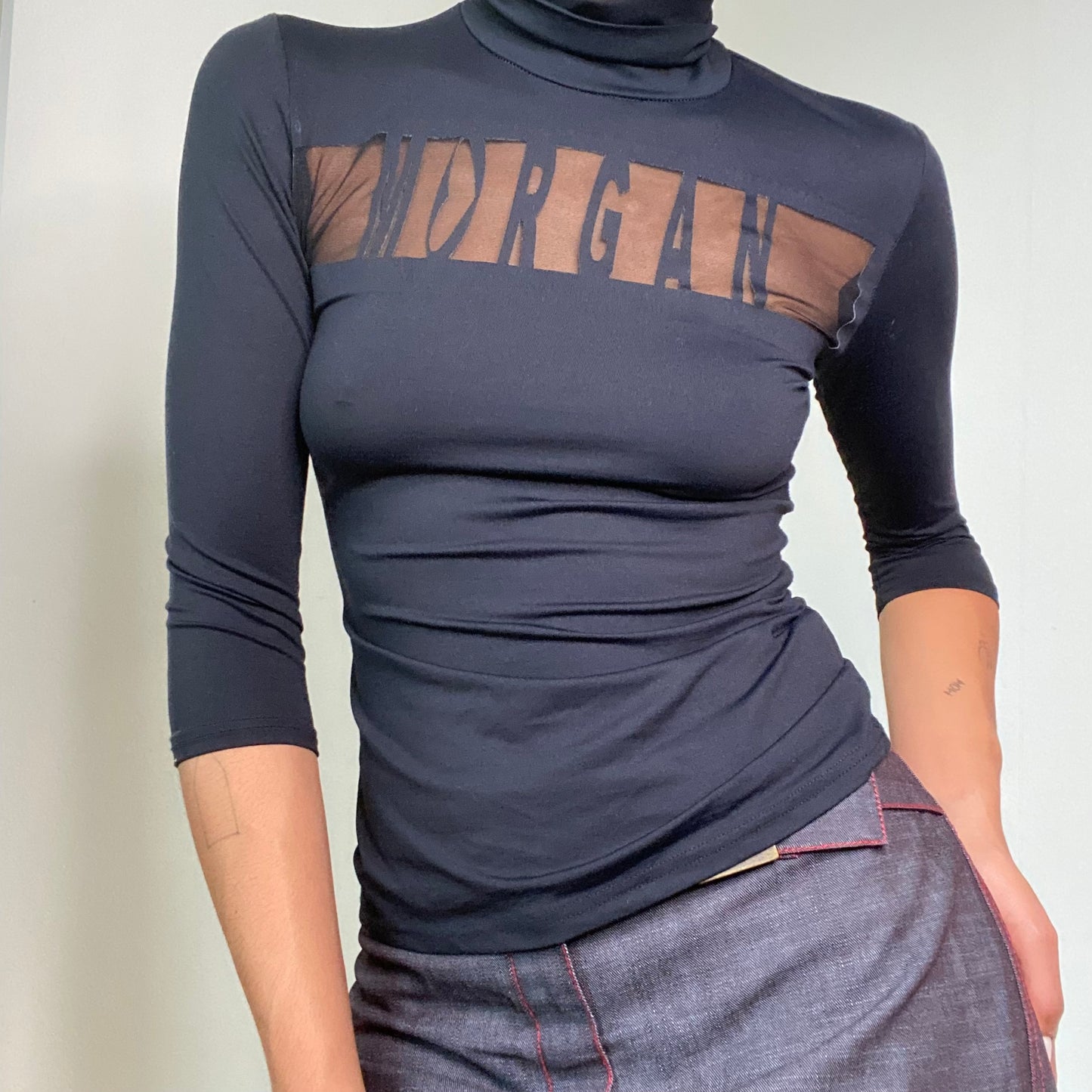 Vintage 90’s Morgan de Toi Black Turtleneck with Mesh Logo Detail (S)