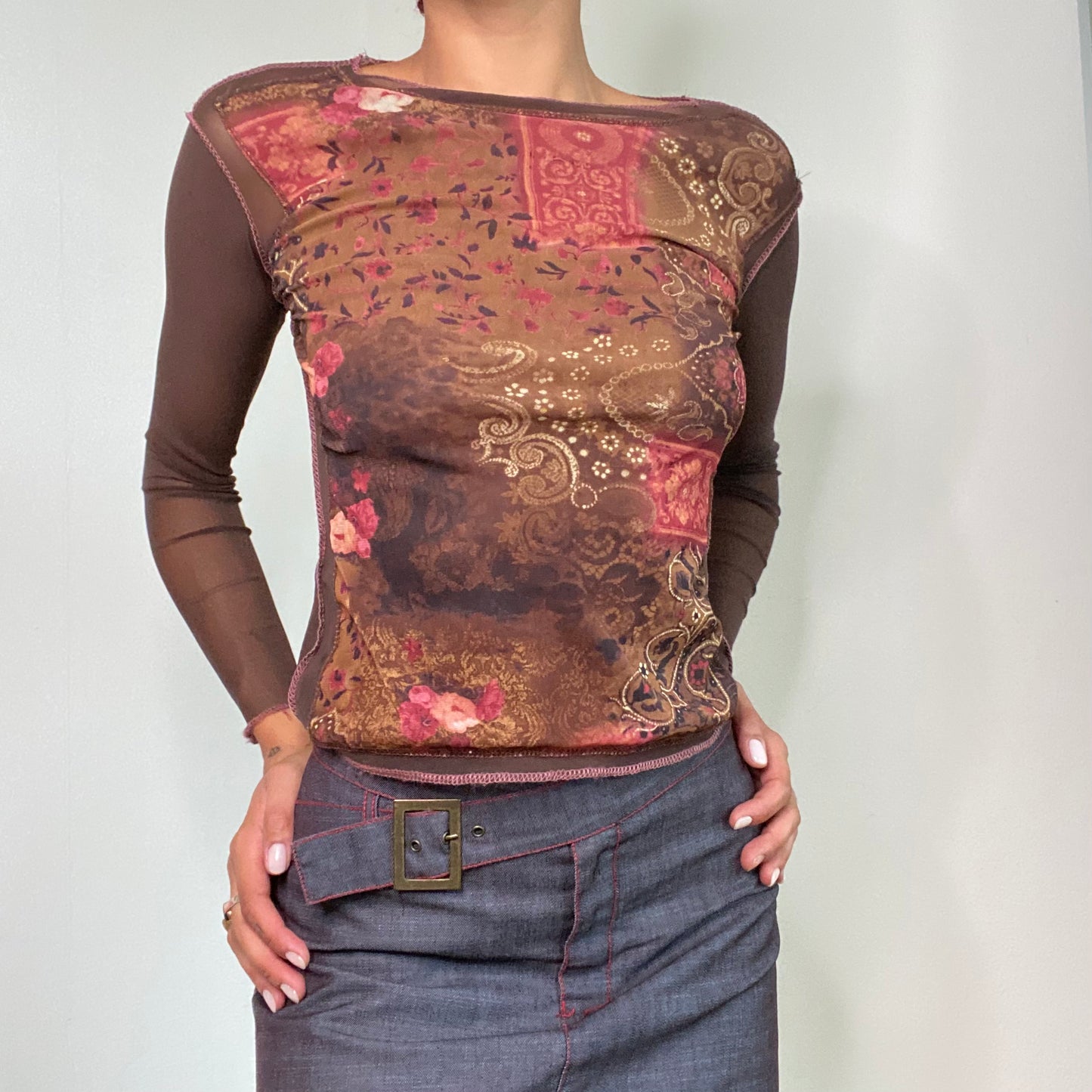 Vintage 90’s Whimsigoth Brown Paisley Mesh Longsleeve (XS/S)