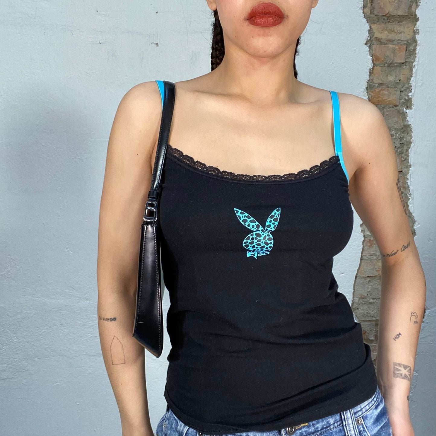 Vintage 2000's Playboy Black Top with Turquoise Straps and Patterned Logo Print (S/M)