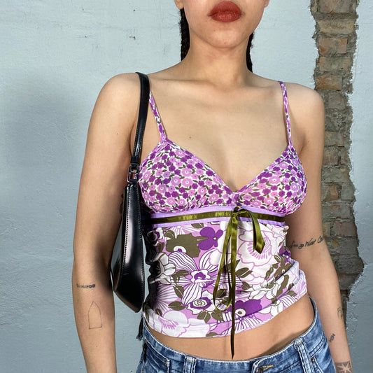 Vintage 2000's Morgan De Toi Purple Floral Top with Khaki Velvet Ribbon Detail (S)