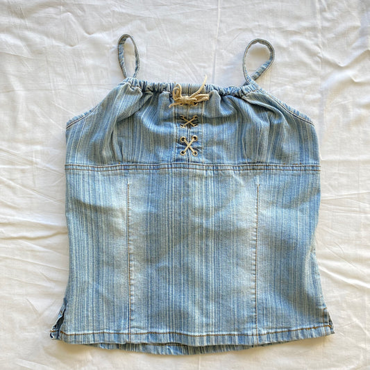 Vintage 90’s Cowgirl Striped Denim Top with Tie Detail (M)