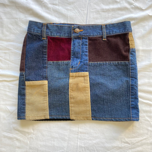 Vintage 90's Gilmore Girls Denim and Cord Patchwork Mini Skirt (S)