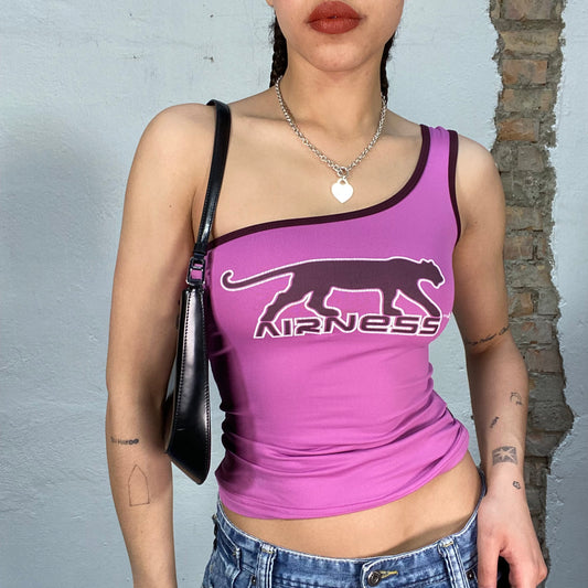 Vintage 2000's Sporty Purple One Shoulder Top with Panter and 'Airness' Print (S)