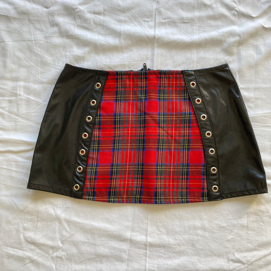 Vintage 90's Goth Leather and Plaid Mini Skirt with Studs (XS)