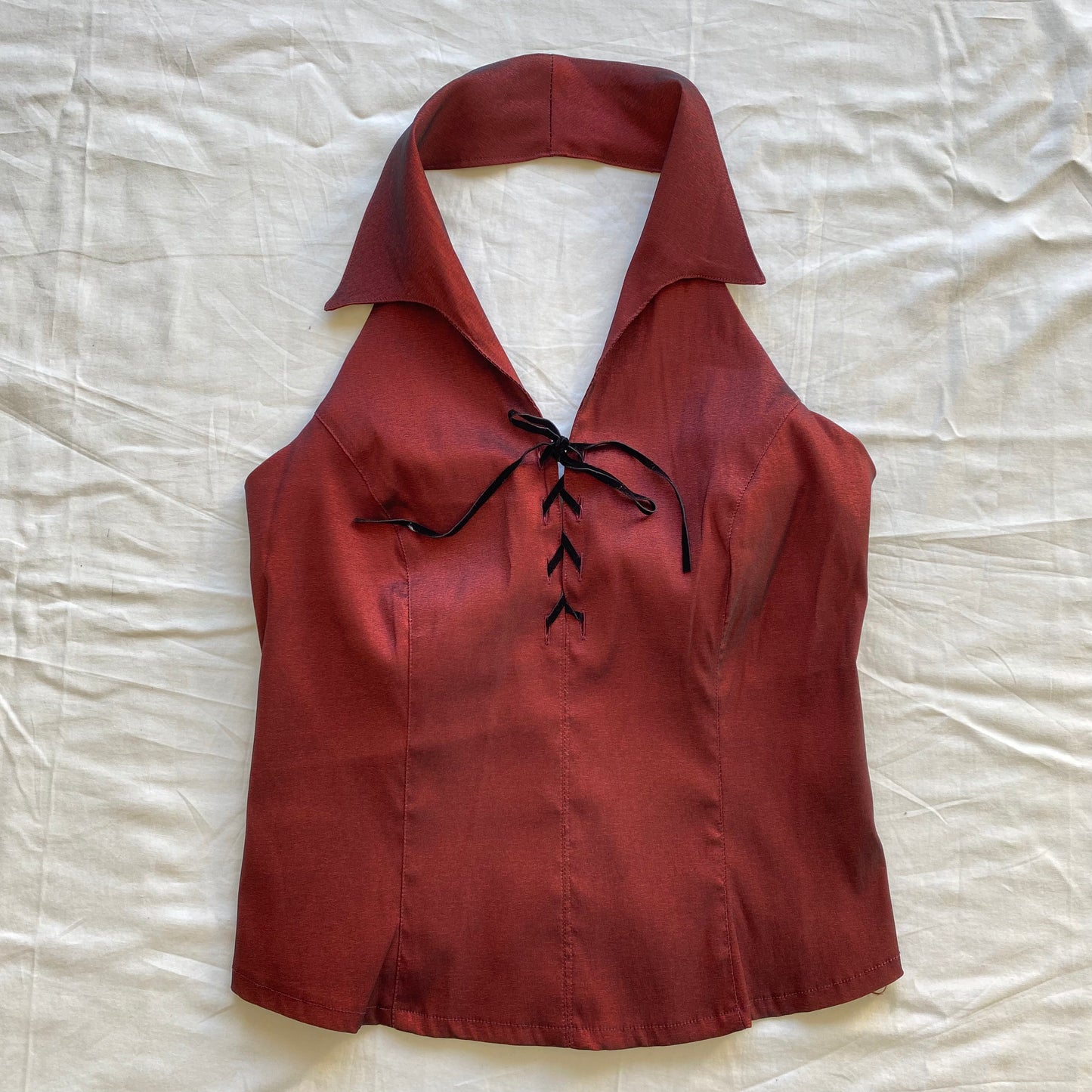 Vintage 90’s Clubwear Iridescent Bordeaux Red Halterneck With Tie Detail (L)