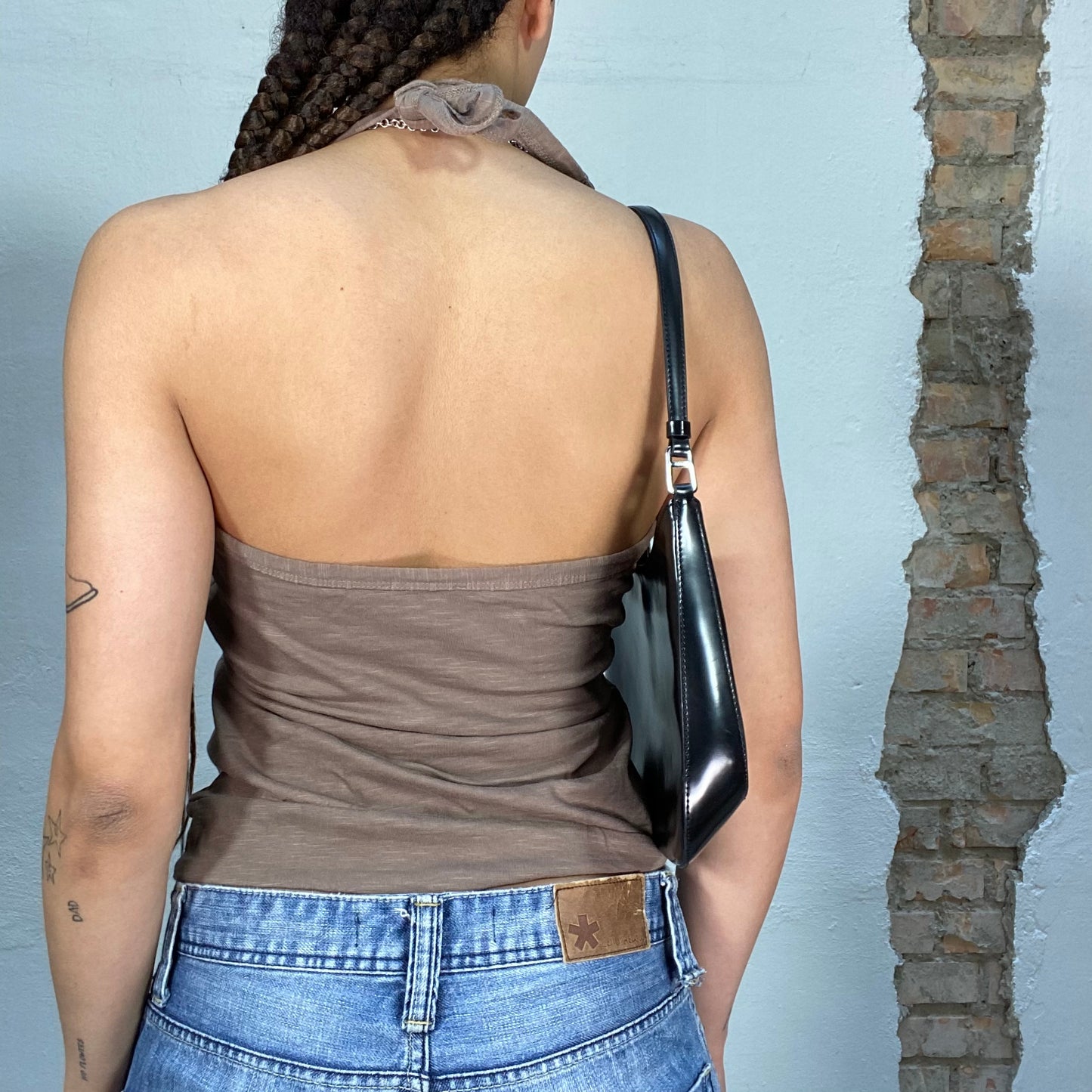 Vintage 2000's Sleaze Brown Halter Neck Top with Ornament Print (S/M)