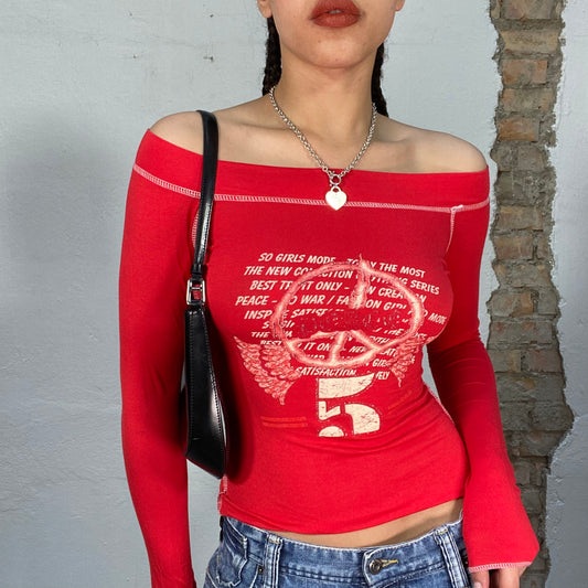 Vintage 2000's Punky Red Off Shoulder Top with Peace and Writing Print (S)