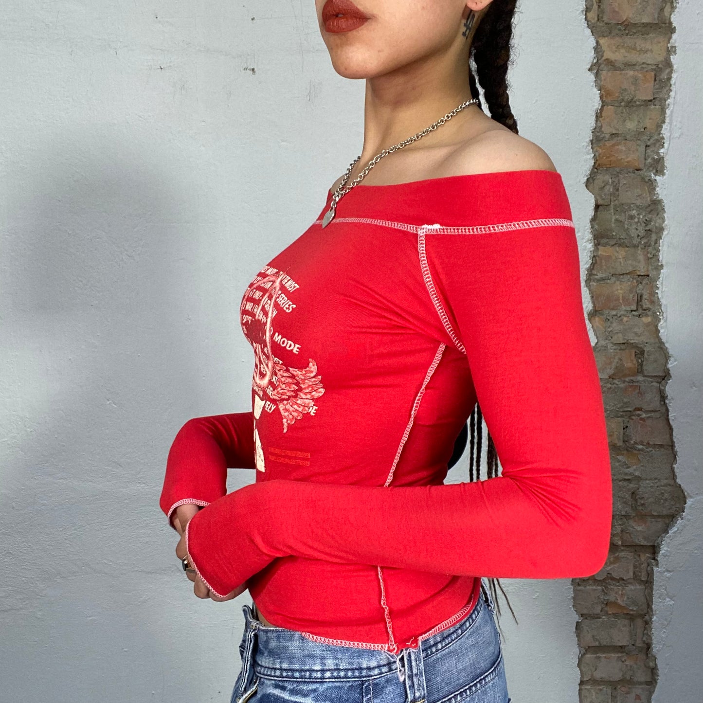 Vintage 2000's Punky Red Off Shoulder Top with Peace and Writing Print (S)