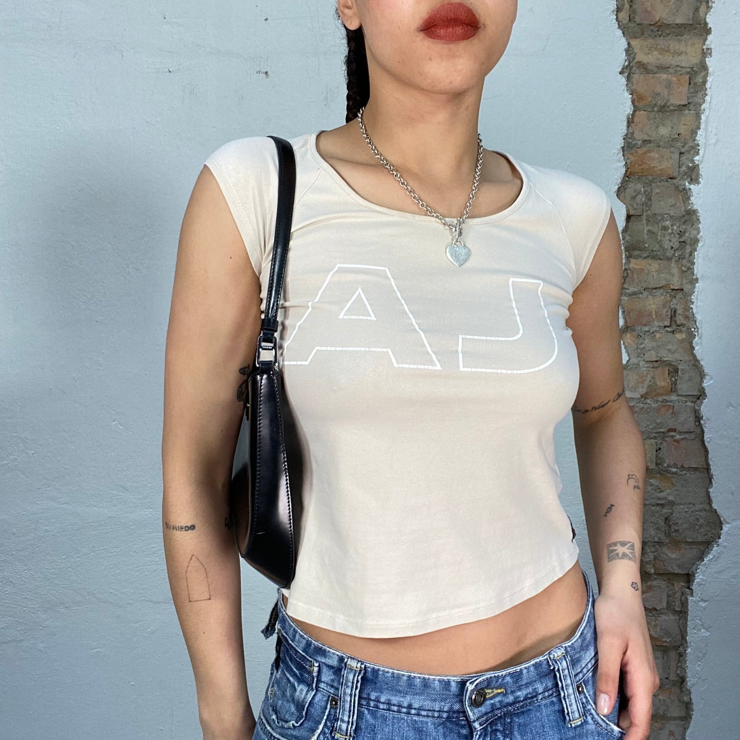 Vintage 2000's Armani Jeans Beige Baby Tee with Logo Print (S)